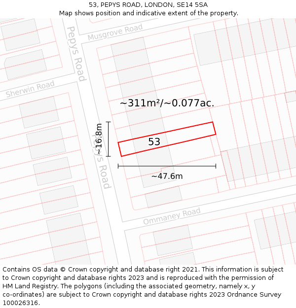 53, PEPYS ROAD, LONDON, SE14 5SA: Plot and title map