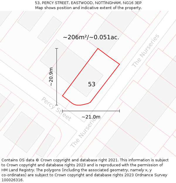 53, PERCY STREET, EASTWOOD, NOTTINGHAM, NG16 3EP: Plot and title map