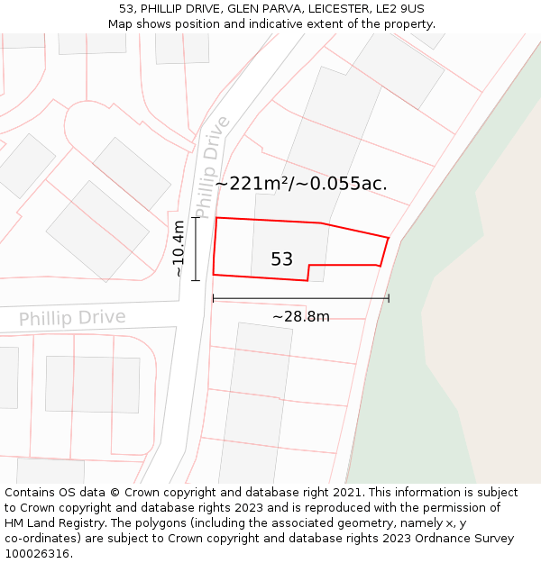 53, PHILLIP DRIVE, GLEN PARVA, LEICESTER, LE2 9US: Plot and title map