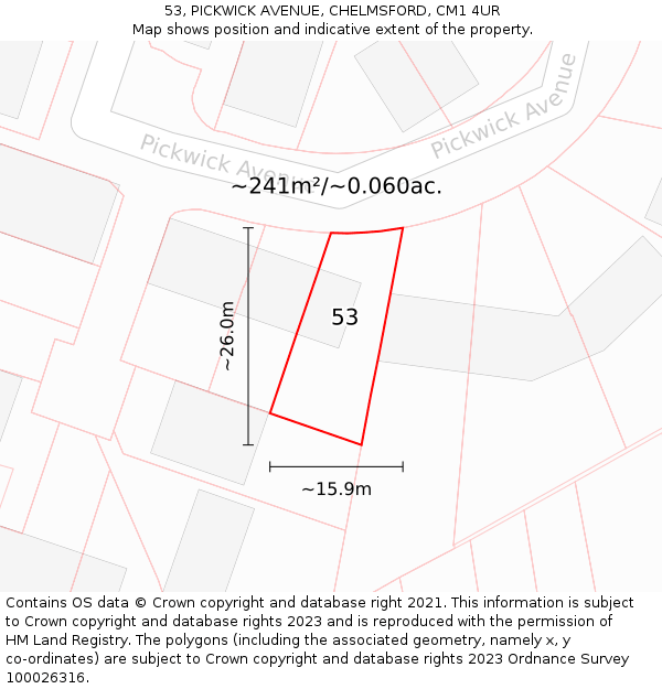 53, PICKWICK AVENUE, CHELMSFORD, CM1 4UR: Plot and title map