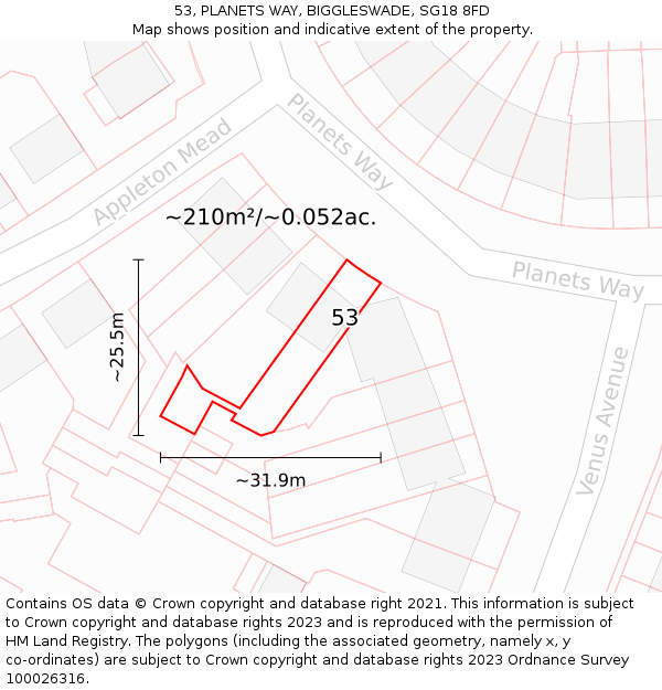 53, PLANETS WAY, BIGGLESWADE, SG18 8FD: Plot and title map