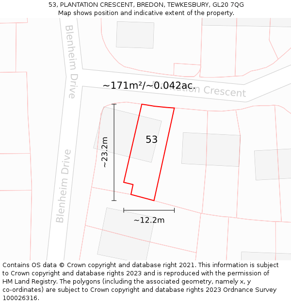 53, PLANTATION CRESCENT, BREDON, TEWKESBURY, GL20 7QG: Plot and title map