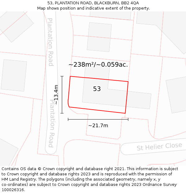 53, PLANTATION ROAD, BLACKBURN, BB2 4QA: Plot and title map