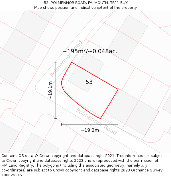 53, POLMENNOR ROAD, FALMOUTH, TR11 5UX: Plot and title map