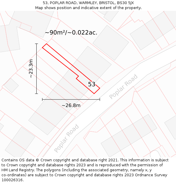 53, POPLAR ROAD, WARMLEY, BRISTOL, BS30 5JX: Plot and title map