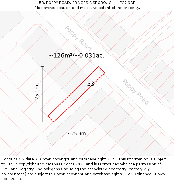 53, POPPY ROAD, PRINCES RISBOROUGH, HP27 9DB: Plot and title map