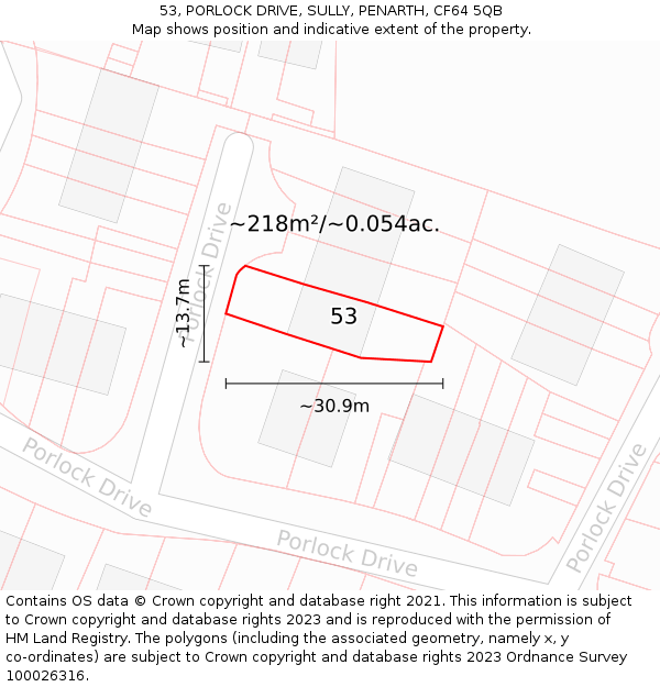 53, PORLOCK DRIVE, SULLY, PENARTH, CF64 5QB: Plot and title map