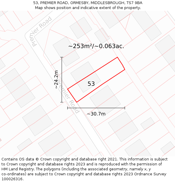 53, PREMIER ROAD, ORMESBY, MIDDLESBROUGH, TS7 9BA: Plot and title map