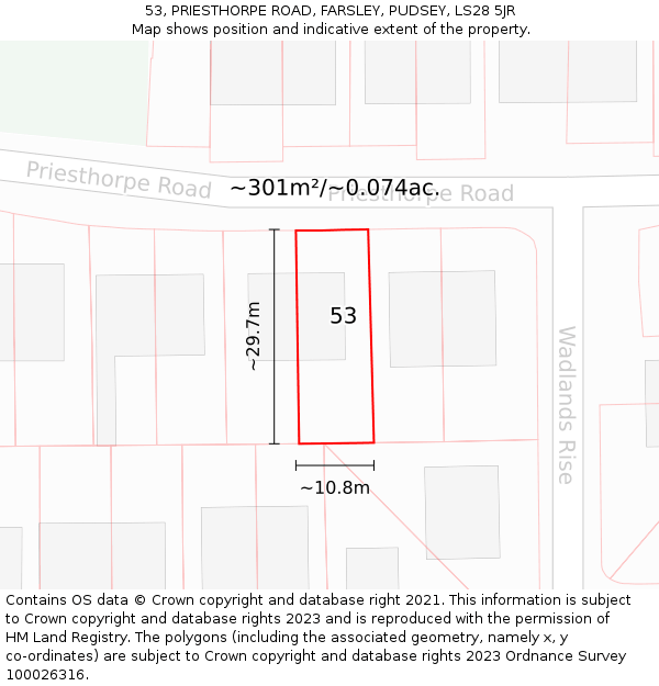 53, PRIESTHORPE ROAD, FARSLEY, PUDSEY, LS28 5JR: Plot and title map