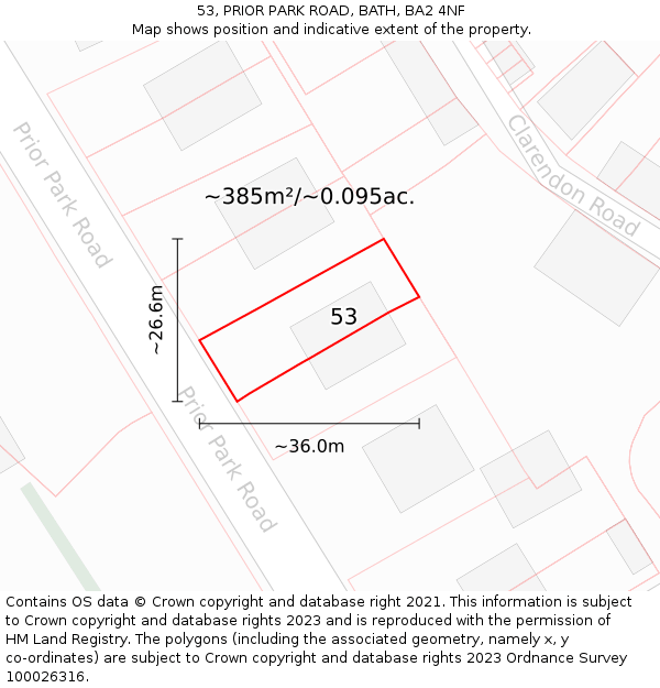 53, PRIOR PARK ROAD, BATH, BA2 4NF: Plot and title map