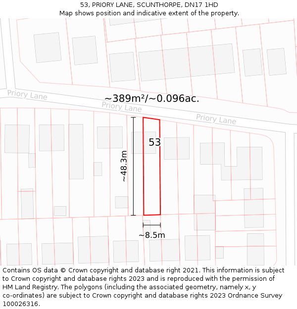 53, PRIORY LANE, SCUNTHORPE, DN17 1HD: Plot and title map