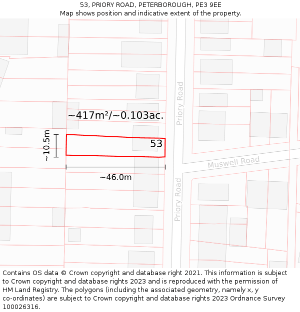 53, PRIORY ROAD, PETERBOROUGH, PE3 9EE: Plot and title map