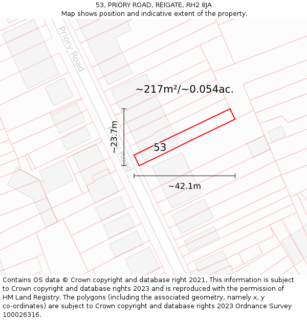 53, PRIORY ROAD, REIGATE, RH2 8JA: Plot and title map