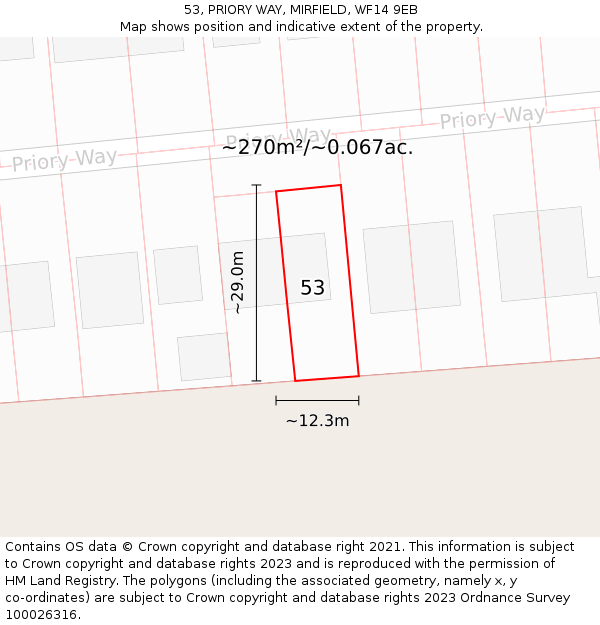 53, PRIORY WAY, MIRFIELD, WF14 9EB: Plot and title map