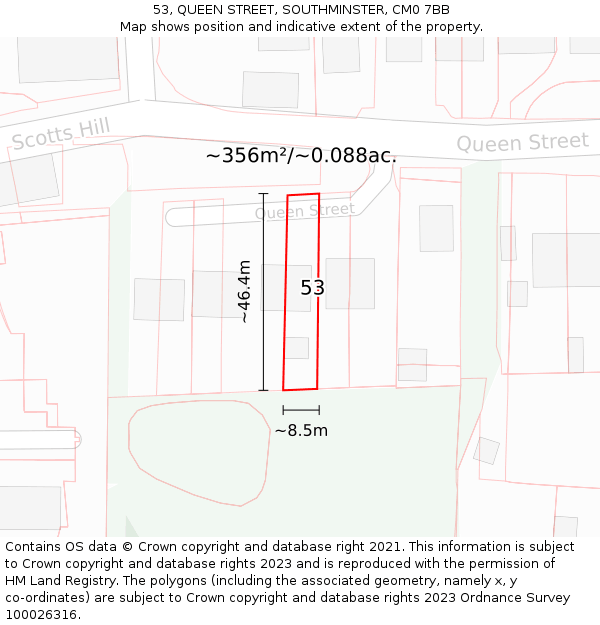 53, QUEEN STREET, SOUTHMINSTER, CM0 7BB: Plot and title map
