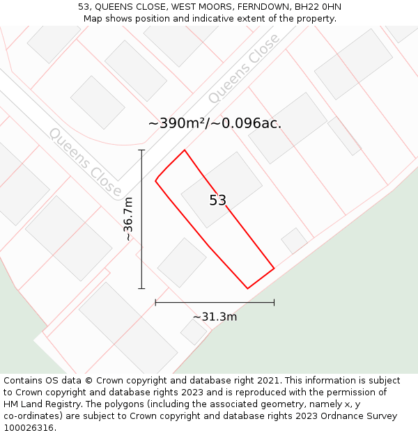 53, QUEENS CLOSE, WEST MOORS, FERNDOWN, BH22 0HN: Plot and title map