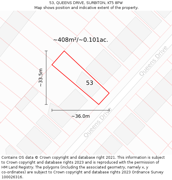 53, QUEENS DRIVE, SURBITON, KT5 8PW: Plot and title map