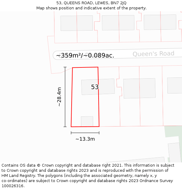 53, QUEENS ROAD, LEWES, BN7 2JQ: Plot and title map