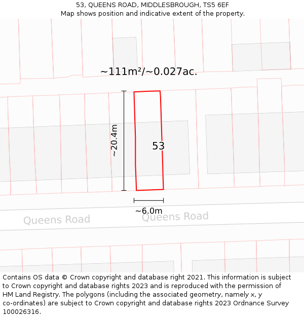 53, QUEENS ROAD, MIDDLESBROUGH, TS5 6EF: Plot and title map