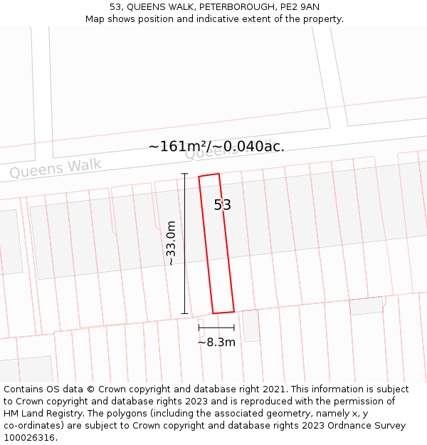 53, QUEENS WALK, PETERBOROUGH, PE2 9AN: Plot and title map