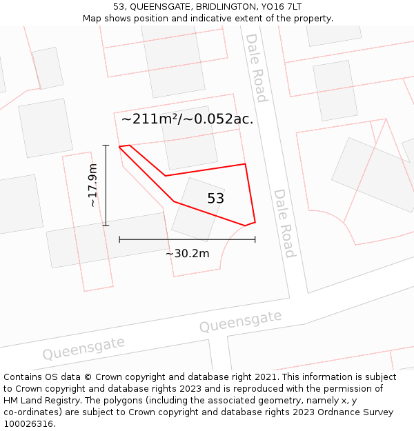 53, QUEENSGATE, BRIDLINGTON, YO16 7LT: Plot and title map