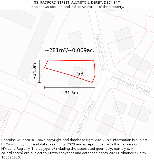 53, RADFORD STREET, ALVASTON, DERBY, DE24 8NT: Plot and title map