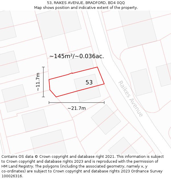 53, RAIKES AVENUE, BRADFORD, BD4 0QQ: Plot and title map