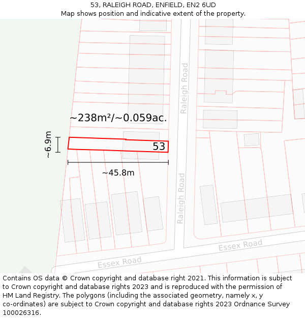 53, RALEIGH ROAD, ENFIELD, EN2 6UD: Plot and title map