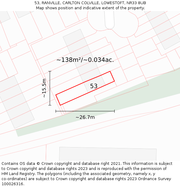 53, RANVILLE, CARLTON COLVILLE, LOWESTOFT, NR33 8UB: Plot and title map
