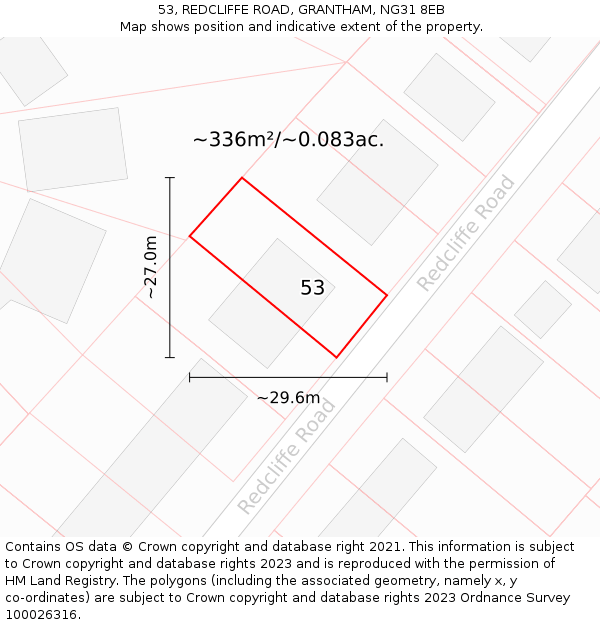 53, REDCLIFFE ROAD, GRANTHAM, NG31 8EB: Plot and title map