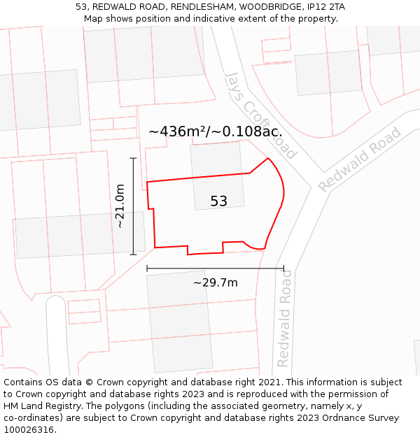53, REDWALD ROAD, RENDLESHAM, WOODBRIDGE, IP12 2TA: Plot and title map