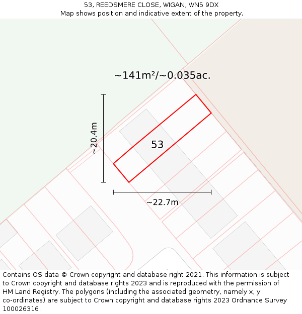 53, REEDSMERE CLOSE, WIGAN, WN5 9DX: Plot and title map