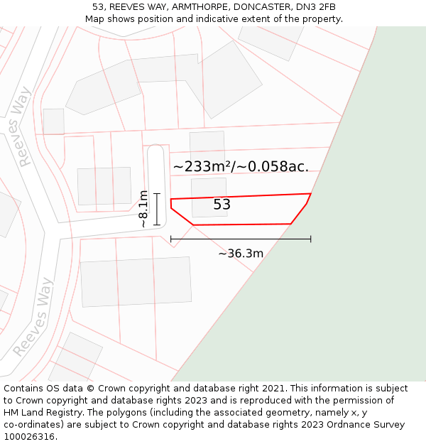 53, REEVES WAY, ARMTHORPE, DONCASTER, DN3 2FB: Plot and title map
