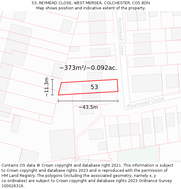 53, REYMEAD CLOSE, WEST MERSEA, COLCHESTER, CO5 8DN: Plot and title map