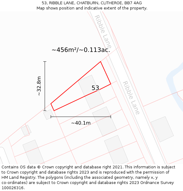 53, RIBBLE LANE, CHATBURN, CLITHEROE, BB7 4AG: Plot and title map