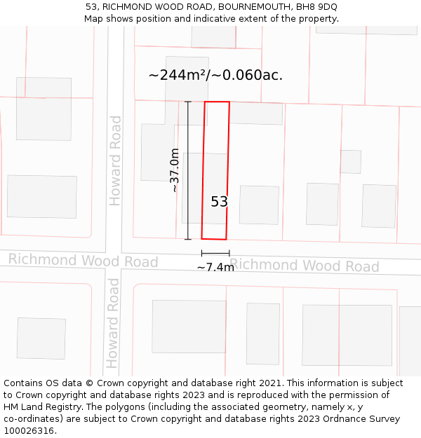 53, RICHMOND WOOD ROAD, BOURNEMOUTH, BH8 9DQ: Plot and title map