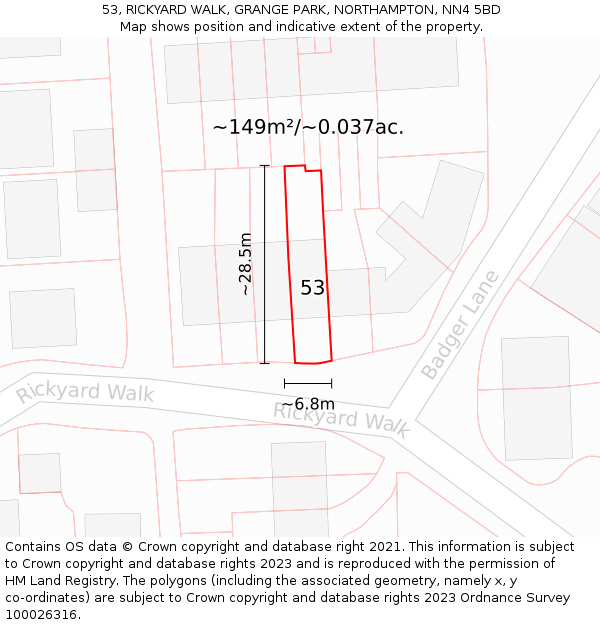 53, RICKYARD WALK, GRANGE PARK, NORTHAMPTON, NN4 5BD: Plot and title map