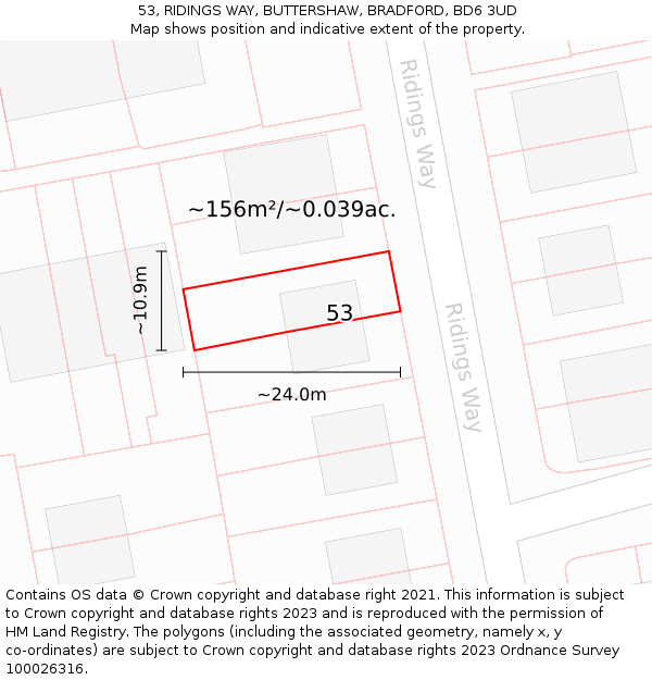 53, RIDINGS WAY, BUTTERSHAW, BRADFORD, BD6 3UD: Plot and title map