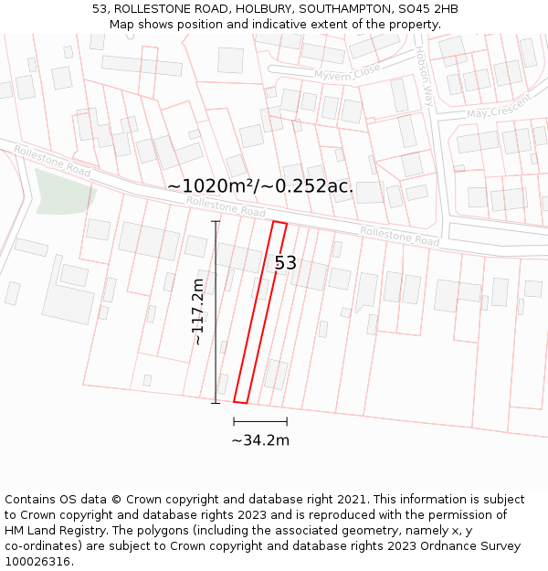 53, ROLLESTONE ROAD, HOLBURY, SOUTHAMPTON, SO45 2HB: Plot and title map