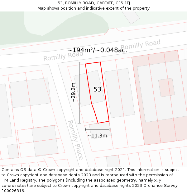 53, ROMILLY ROAD, CARDIFF, CF5 1FJ: Plot and title map