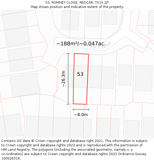 53, ROMNEY CLOSE, REDCAR, TS10 2JT: Plot and title map