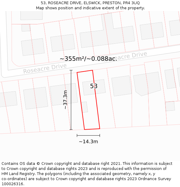 53, ROSEACRE DRIVE, ELSWICK, PRESTON, PR4 3UQ: Plot and title map