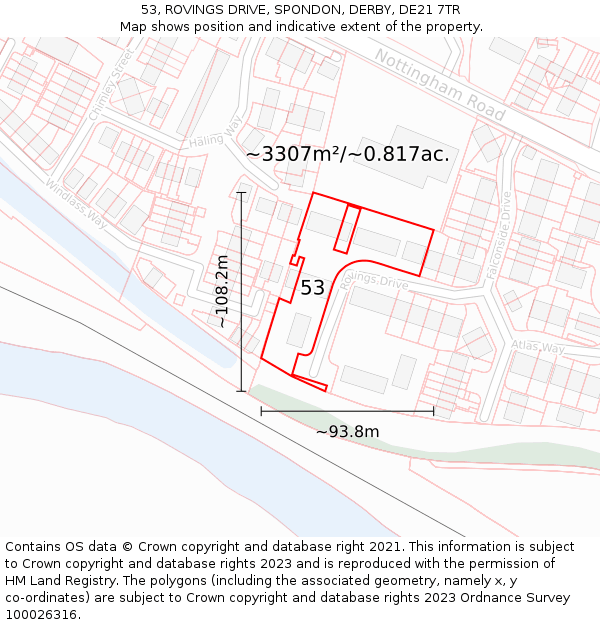 53, ROVINGS DRIVE, SPONDON, DERBY, DE21 7TR: Plot and title map