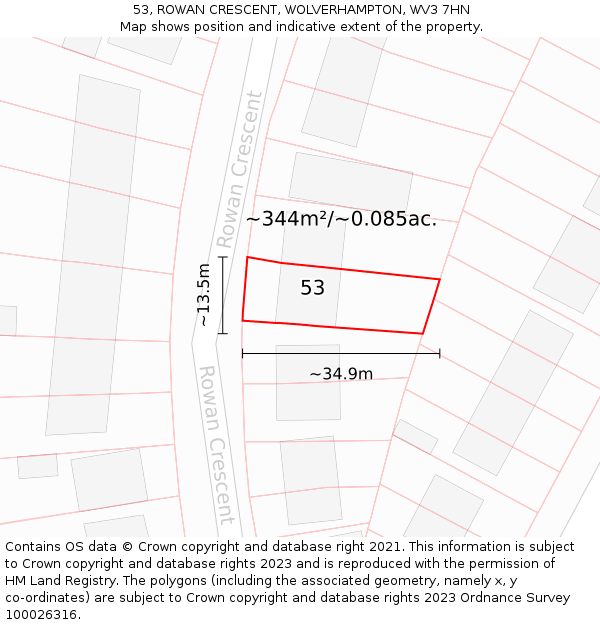 53, ROWAN CRESCENT, WOLVERHAMPTON, WV3 7HN: Plot and title map
