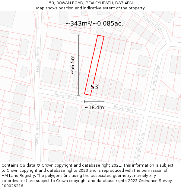 53, ROWAN ROAD, BEXLEYHEATH, DA7 4BN: Plot and title map