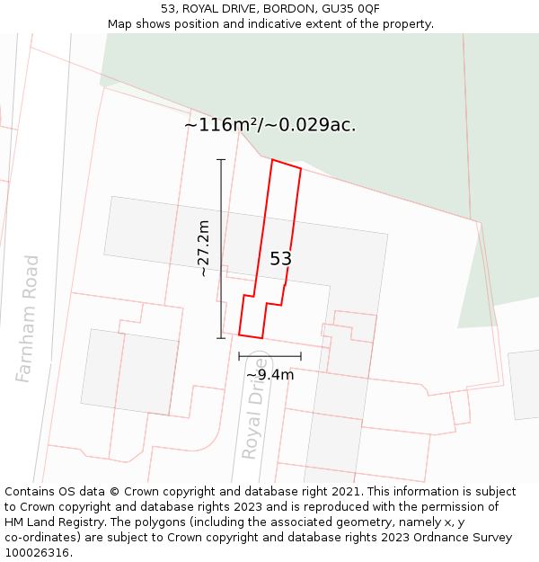 53, ROYAL DRIVE, BORDON, GU35 0QF: Plot and title map
