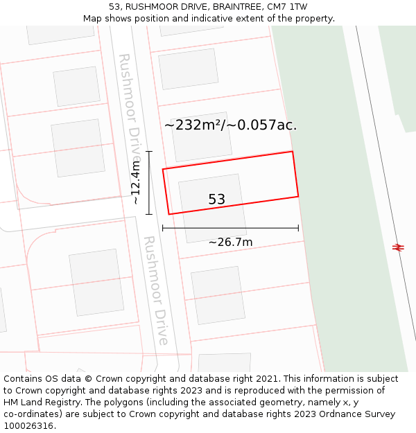 53, RUSHMOOR DRIVE, BRAINTREE, CM7 1TW: Plot and title map