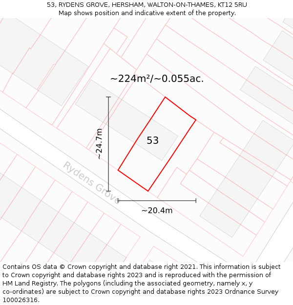 53, RYDENS GROVE, HERSHAM, WALTON-ON-THAMES, KT12 5RU: Plot and title map