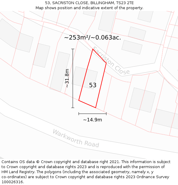 53, SACRISTON CLOSE, BILLINGHAM, TS23 2TE: Plot and title map