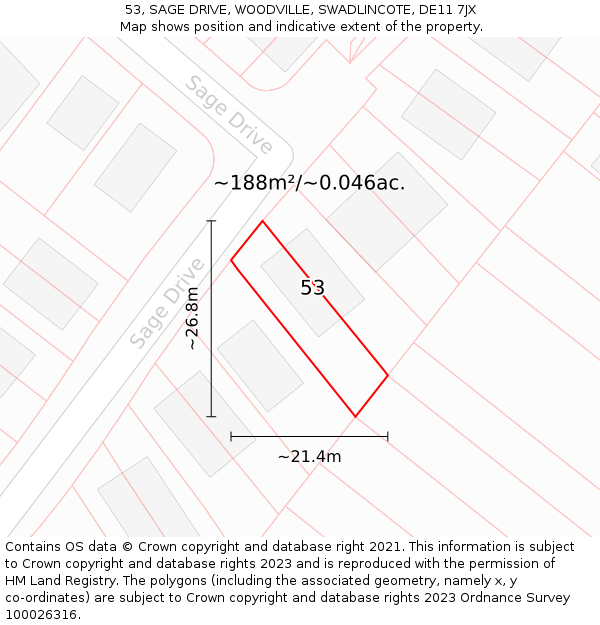 53, SAGE DRIVE, WOODVILLE, SWADLINCOTE, DE11 7JX: Plot and title map